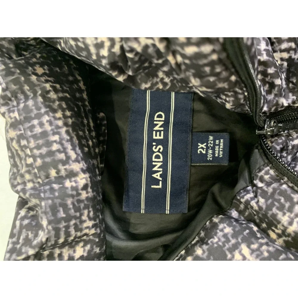 Lands End Womens 2X Puffer Jacket Black Gray Tweed Print Down Filled Quilted Zip - Picture 3 of 7